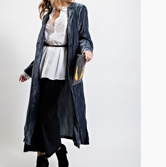 New! Easel Blue Velvet Maxi Coat - Picture 7 of 7